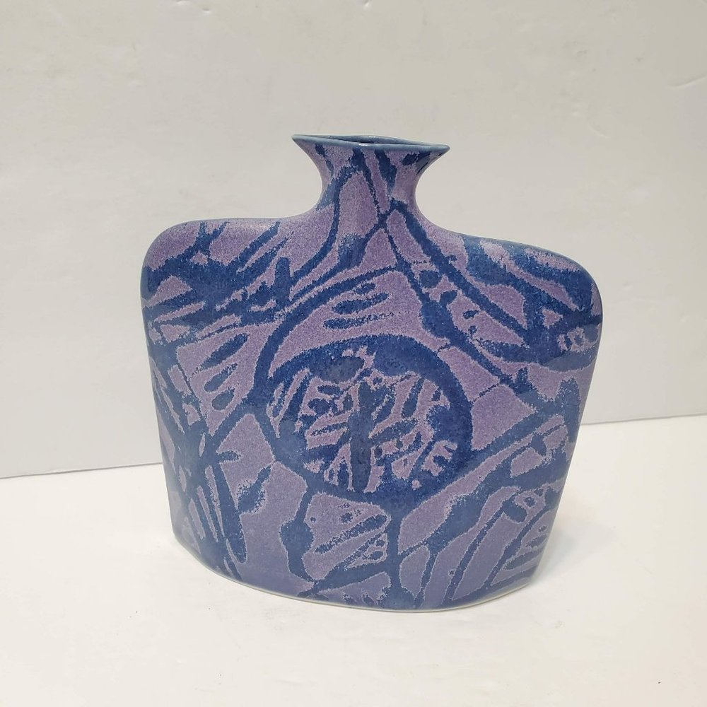 Artisan Pottery Bud Vase, Earth & Sky Artist Signed Bloom Blue Purple Flat Flask
